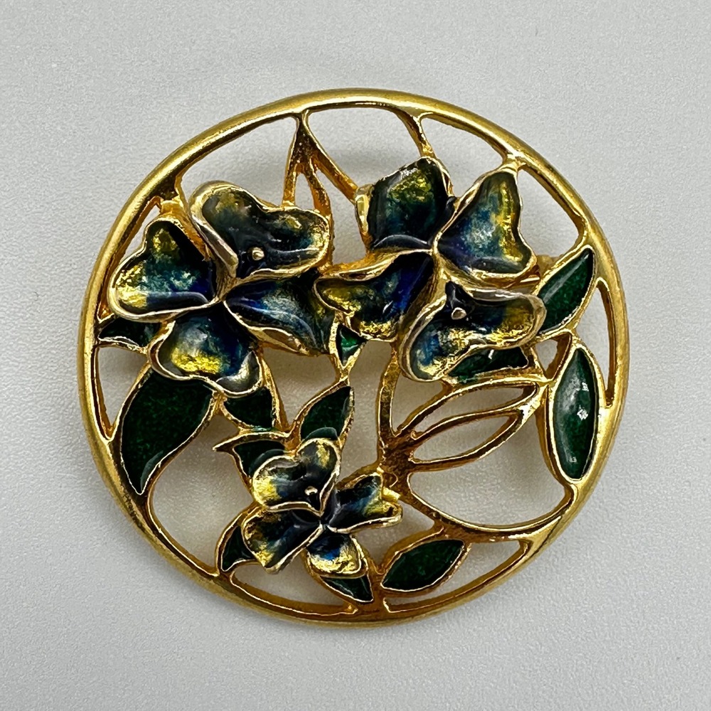 Vintage Floral Enamel Brooch Gold Tone Blue Green Flower Pin Round 1.5 Inch